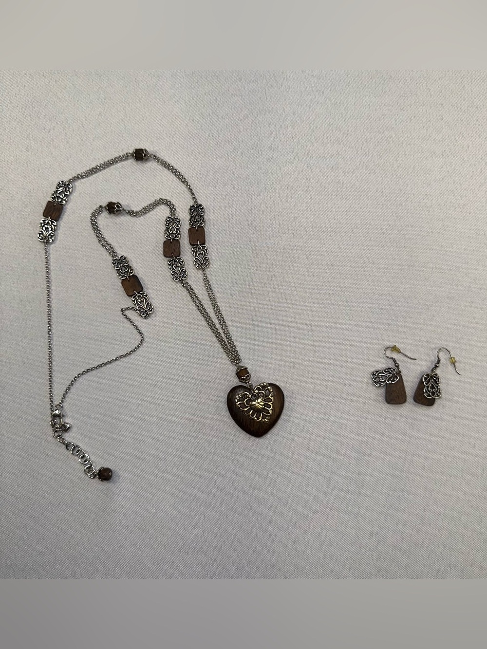 Vintage Brighton Retired Silver Filigree Wood Pendant Necklace & Earring Set
